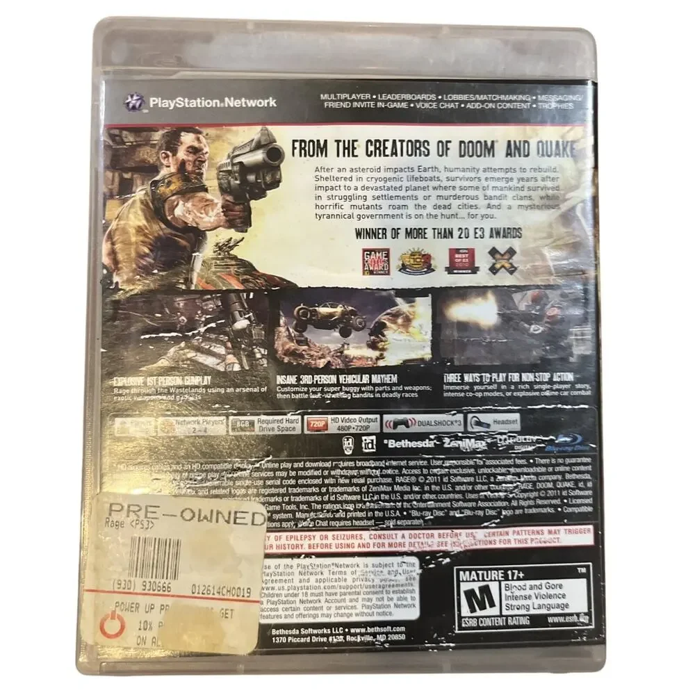 Rage - PS3 - CIB. Tested. No Scratches. Artwork Damage.